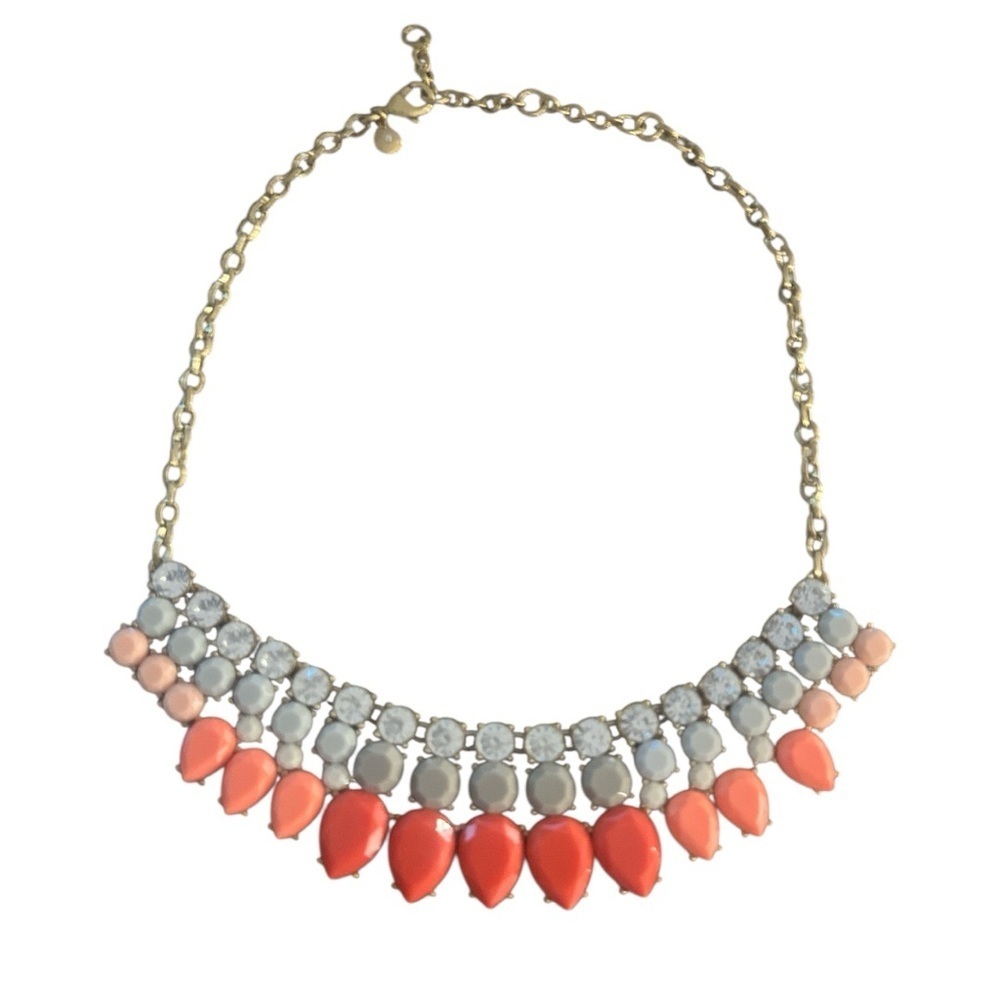 J. Crew Statement Necklace Orange Coral Grey Stones Crystal Chunky